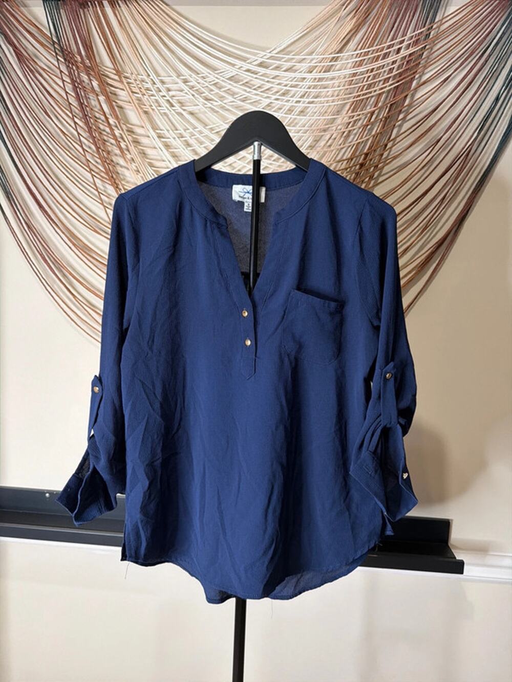 Twine and string navy blue blouse gold button S 3366